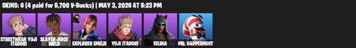 [PC/PSN/XBOX] | 6 skins | Streetwear Yuji Itadori | Slayer Juice WRLD | Explorer Emilie | Yuji Itadori | Felina | Mr. Dappermint | B Splat | Full Access