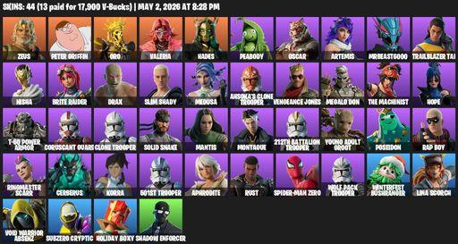 [PC/XBOX] | 44 skins | Zeus | Peter Griffin | Oro | Valeria | Hades | Peabody | Oscar | Artemis | MrBeast6000 | Trailblazer Tai | Nisha | Brite Raider | Full Access