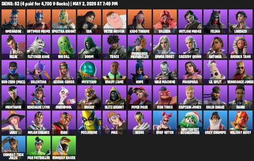 [PC/PSN/XBOX] | 53 skins | 1750 V-bucks | Omegarok | Optimus Prime | Spectra Knight | Era | Peter Griffin | Kado Thorne | Valeria | Outlaw Midas | Full Access
