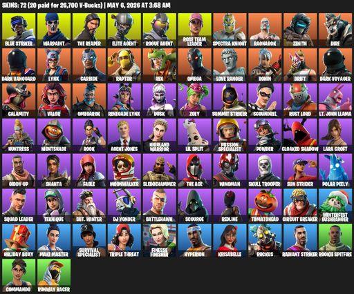[PC/XBOX] | 72 skins | Take The L | OG STW | The Reaper | Elite Agent | Omega | Lara Croft | Blue Striker | Warpaint | Rogue Agent | Rose Team Leader | Full Access