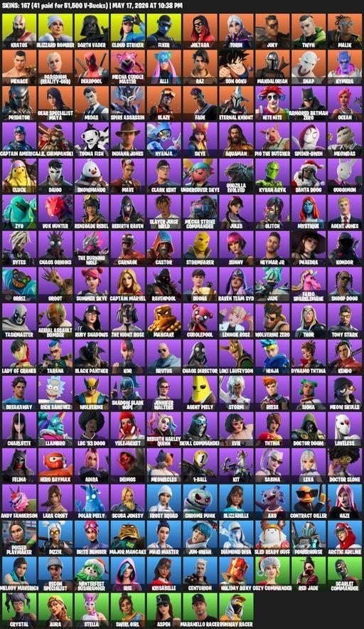 [PC/XBOX] | 167 skins | Leviathan Axe | Lara Croft | Kratos | Blizzard Bomber | Darth Vader | Cloud Striker | Fixer | Joltara | Torin | Joey | Twyn | Full Access