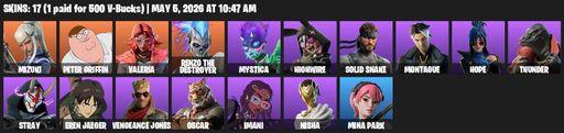 [PC/PSN/XBOX] | 17 skins | Mizuki | Peter Griffin | Valeria | Renzo the Destroyer | Mystica | Highwire | Solid Snake | Montague | Hope | Thunder | Full Access