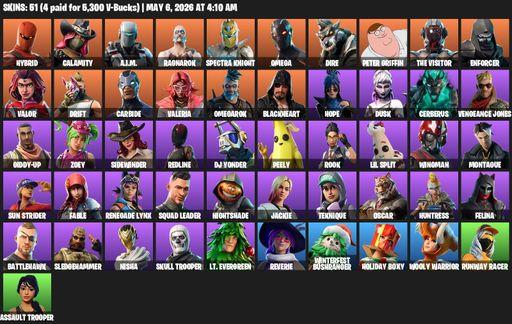 [PC/PSN/XBOX] | 51 skins | 600 V-bucks | Omega | Reaper Axe | Hybrid | Calamity | A.I.M. | Ragnarok | Spectra Knight | Dire | Peter Griffin | Full Access
