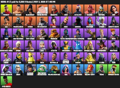 [PC] | 61 skins | 1400 V-bucks | Lara Croft | Prodigy | Menace | Blackheart | Peter Griffin | Vendetta | Ruin | Catalyst | Valeria | Sentinel | Rox | Full Access