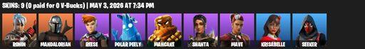 [PC/XBOX] | 9 skins | 600 V-bucks | Ronin | Mandalorian | Reese | Polar Peely | Mancake | Shanta | Mave | Krisabelle | Seeker | Beastfang | Full Access