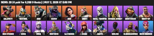 [PC/XBOX] | 20 skins | Calamity | Sentinel | Dire | Raven | Rox | Drift | Skull Trooper  | Bunker Jonesy | Nightshade | Giddy-up | Sun Strider | Rook | Full Access