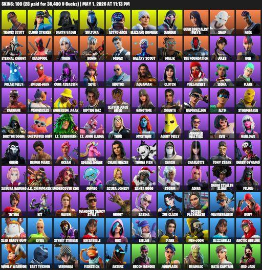 [PC/XBOX] | 100 skins | Travis Scott | Cloud Striker | Darth Vader | Sultura | Astro Jack | Blizzard Bomber | Xander | Gear Specialist Maya | Snap | Full Access