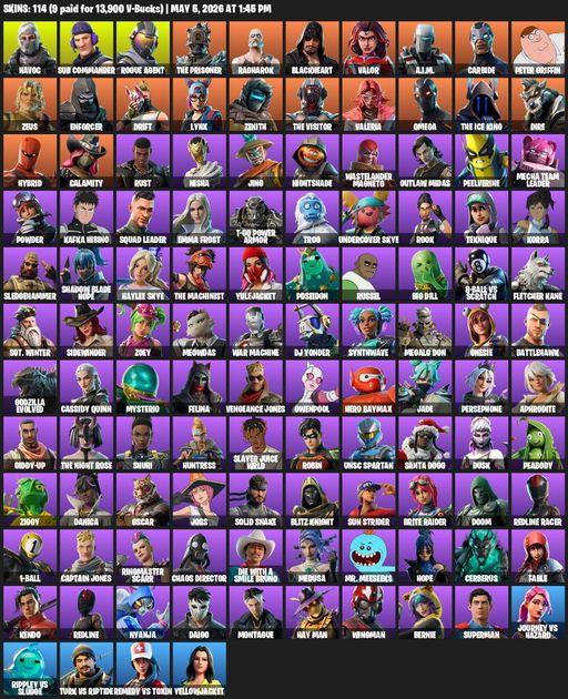 [PC] | 114 skins | 650 V-bucks | Omega | Mako | Havoc | Sub Commander | Rogue Agent | The Prisoner | Ragnarok | Blackheart | Valor | A.I.M. | Carbide | Full Access
