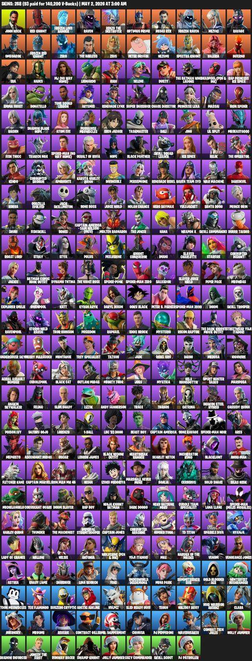 [PC/PSN/XBOX] | 258 skins | John Wick | Red Knight | Frozen Love Ranger | Raven | Renzo the Destroyer | Optimus Prime | Midas Rex | Frozen Raven | Full Access