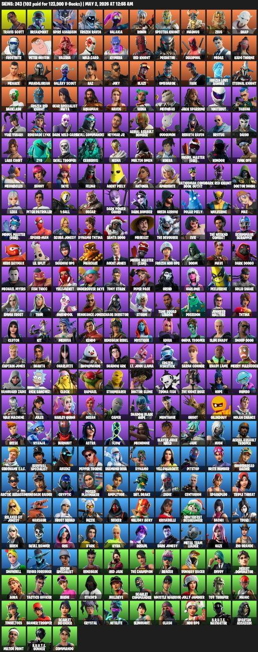 [PC/PSN/XBOX] | 243 skins | Leviathan Axe | Raider's Revenge | Renegade Raider | Aerial Assault Trooper | Travis Scott | Lara Croft | Breakpoint | Full Access