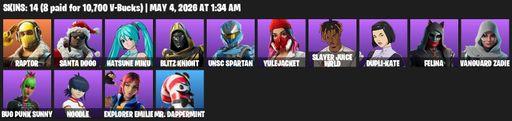 [PC/PSN/XBOX] | 14 skins | 1100 V-bucks | Raptor | Santa Dogg | Hatsune Miku | Blitz Knight | UNSC Spartan | Yulejacket | Slayer Juice WRLD | Full Access