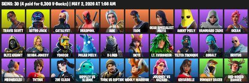 [PC/PSN/XBOX] | 30 skins | Travis Scott | Astro Jack | Catalyst | Deadpool | Ark | Fade | Gear Specialist Maya | Agent Peely | Vanguard Zadie | Ocean | Full Access