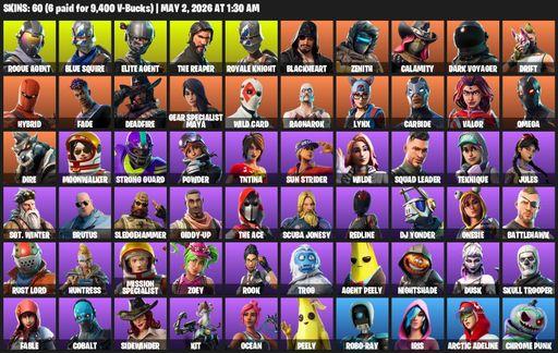 [PC/PSN/XBOX] | 60 skins | Take The L | Royale Knight | The Reaper | Elite Agent | Blue Squire | Omega | Rogue Agent | Blackheart | Zenith | Calamity | Full Access