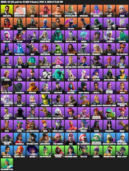 [PC/PSN/XBOX] | 121 skins | Leviathan Axe | John Wick | Peter Griffin | Zeus | Valeria | Menace | Spectra Knight | Omegarok | Kymera | Ronin | Torin | Full Access