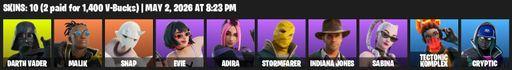 [PC/PSN/XBOX] | 10 skins | Darth Vader | Malik | Snap | Evie | Adira | Stormfarer | Indiana Jones | Sabina | Tectonic Komplex | Cryptic | Full Access