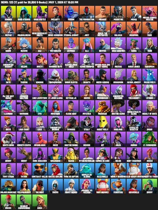 [PC/PSN] | 123 skins | 1450 V-bucks | Leviathan Axe | Merry Mint Axe | Lara Croft | Xander | Surf Strider | Dark Vertex | Polarity | Fusion | Full Access