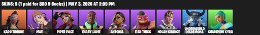 [PC/PSN/XBOX] | 9 skins | 750 V-bucks | Kado Thorne | Mae | Piper Pace | Khaby Lame | Antonia | Fish Thicc | Nolan Chance | Underworld Desdemona | Full Access