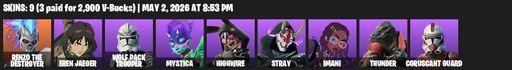 [PC/PSN/XBOX] | 9 skins | Renzo the Destroyer | Eren Jaeger | Wolf Pack Trooper | Mystica | Highwire | Stray | Imani | Thunder | Coruscant Guard | Full Access