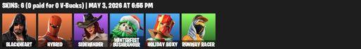 [PC/PSN/XBOX] | 6 skins | 800 V-bucks | Blackheart | Hybrid | Sidewinder | Winterfest Bushranger | Holiday Boxy | Runway Racer | Full Access