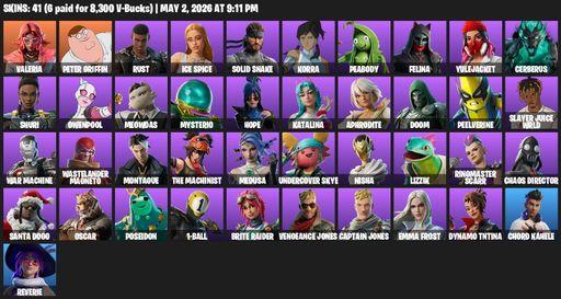 [PC/PSN] | 41 skins | Valeria | Peter Griffin | Rust | Ice Spice | Solid Snake | Korra | Peabody | Felina | Yulejacket | Cerberus | Shuri | Gwenpool | Full Access