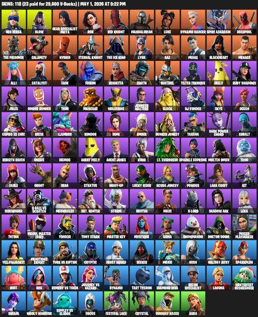 [PC/PSN/XBOX] | 118 skins | Leviathan Axe | Merry Mint Axe | Lara Croft | Neo Versa | Glow | Gear Specialist Maya | Rox | Red Knight | Mandalorian | Full Access