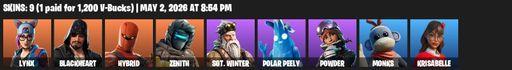 [PC/XBOX] | 9 skins | Lynx | Blackheart | Hybrid | Zenith | Sgt. Winter | Polar Peely | Powder | Monks | Krisabelle | Scratchmark | Swag Smasher | Full Access