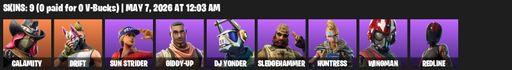 [PC/PSN/XBOX] | 9 skins | Calamity | Drift | Sun Strider | Giddy-up | DJ Yonder | Sledgehammer | Huntress | Wingman | Redline | Reckoning | Rift Edge | Full Access