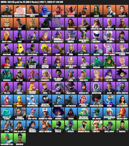 [PC/PSN] | 102 skins | 800 V-bucks | Reaper Axe | Mandalorian | Peter Griffin | Gear Specialist Maya | Fusion | Valeria | Deadpool | Blaze | Hades | Full Access