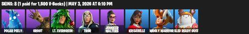 [PC/PSN/XBOX] | 8 skins | Polar Peely | Groot | Lt. Evergreen | Thor | Jennifer Walters | Krisabelle | Wooly Warrior | Sled Ready Guff | Mjolnir | Full Access