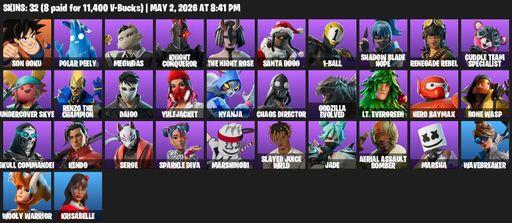 [PC/PSN/XBOX] | 32 skins | Son Goku | Polar Peely | Meowdas | Knight Conqueror | The Night Rose | Santa Dogg | 1-Ball | Shadow Blade Hope | Full Access