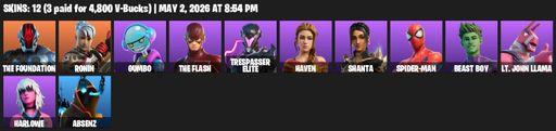[PC/XBOX] | 12 skins | The Foundation | Ronin | Gumbo | The Flash | Trespasser Elite | Haven | Shanta | Spider-Man | Beast Boy | Lt. John Llama | Full Access