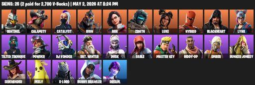 [PC/PSN/XBOX] | 25 skins | 1350 V-bucks | Sentinel | Calamity | Catalyst | Ruin | Rox | Zenith | Luxe | Hybrid | Blackheart | Lynx | Tilted Teknique | Full Access