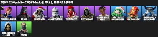 [PC/XBOX] | 12 skins | Explorer Emilie | Felina | Santa Dogg | Clone Trooper | Yulejacket | Blitz Knight | Slayer Juice WRLD | Winterfest Bushranger | Full Access