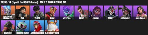 [PC/PSN/XBOX] | 14 skins | 1100 V-bucks | Renzo the Destroyer | Era | Trace | Rian | Mystica | Relik | Imani | Stray | Highwire | Mariposa | Thunder | Full Access