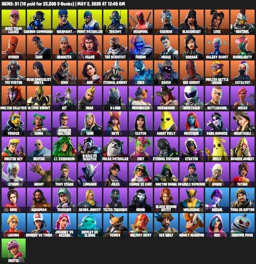 [PC/PSN/XBOX] | 91 skins | Merry Mint Axe | OG STW | Rose Team Leader | Carbon Commando | Warpaint | Point Patroller | Trilogy | Deadpool | Carbide | Full Access