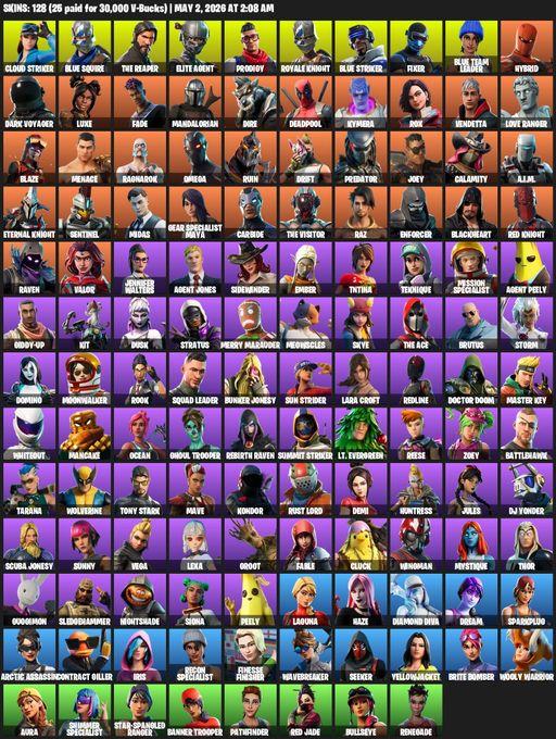 [PC/PSN/XBOX] | 128 skins | 850 V-bucks | Take The L | Royale Knight | The Reaper | Elite Agent | Blue Squire | Omega | Lara Croft | Cloud Striker | Full Access