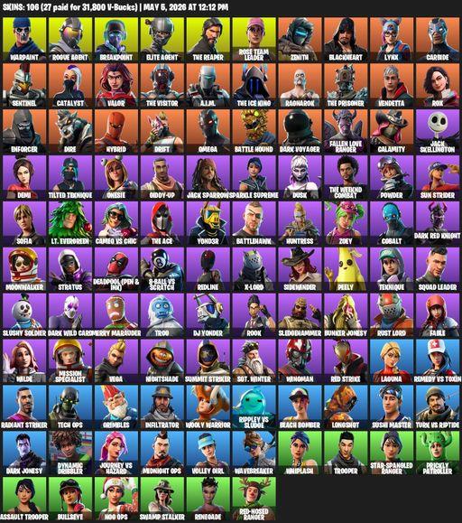[PC] | 106 skins | Take The L | OG STW | The Reaper | Elite Agent | Omega | Warpaint | Rogue Agent | Breakpoint | Rose Team Leader | Zenith | Full Access