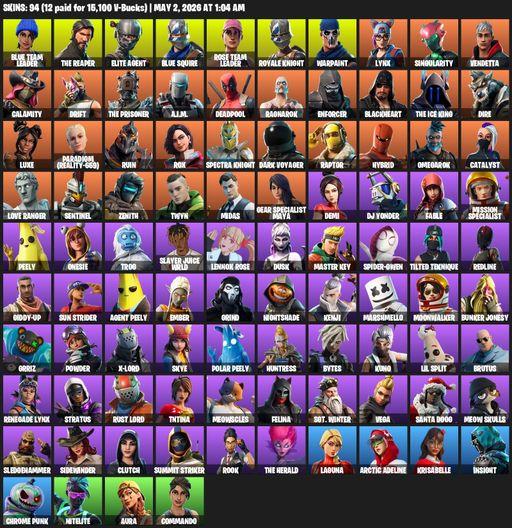 [PC/XBOX] | 94 skins | 900 V-bucks | Take The L | Floss | OG STW | Royale Knight | The Reaper | Elite Agent | Blue Squire | Blue Team Leader | Full Access