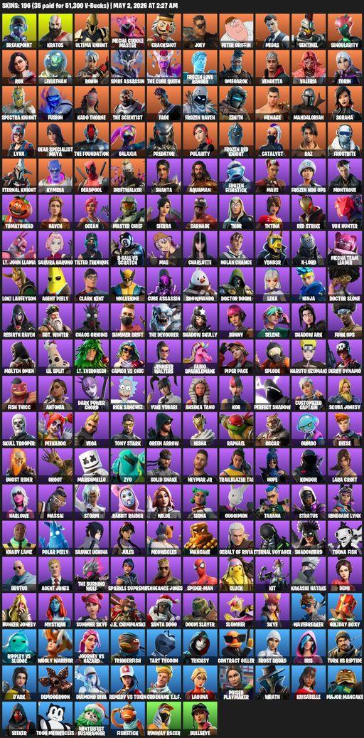 [PC/PSN/XBOX] | 196 skins | Leviathan Axe | Lara Croft | Breakpoint | Kratos | Ultima Knight | Mecha Cuddle Master | Crackshot | Joey | Peter Griffin | Full Access