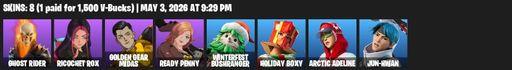 [PC/XBOX] | 8 skins | 500 V-bucks | Ghost Rider | Ricochet Rox | Golden Gear Midas | Ready Penny | Winterfest Bushranger | Holiday Boxy | Full Access