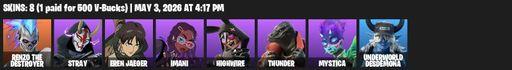 [PC/PSN/XBOX] | 8 skins | Renzo the Destroyer | Stray | Eren Jaeger | Imani | Highwire | Thunder | Mystica | Underworld Desdemona | Titan Strike | Full Access