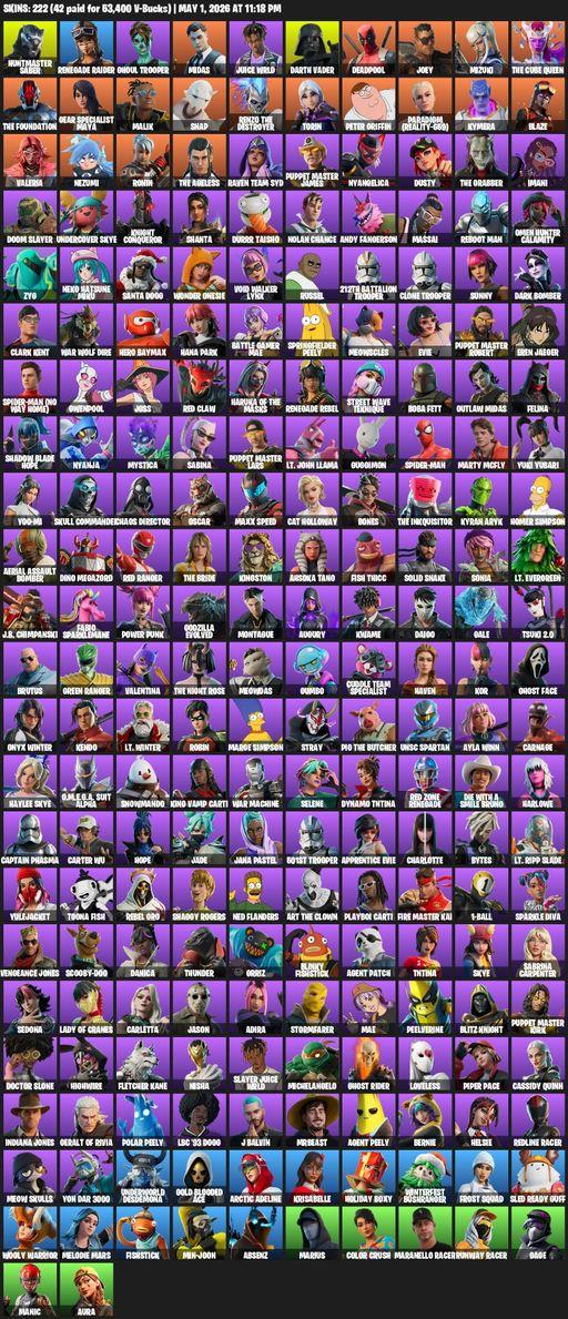 [PC/PSN/XBOX] | 222 skins | Renegade Raider | Huntmaster Saber | Ghoul Trooper | Midas | Juice WRLD | Darth Vader | Deadpool | Joey | Mizuki | Full Access