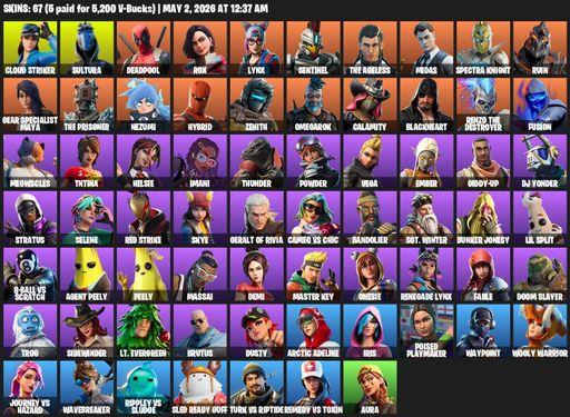 [PC/PSN/XBOX] | 67 skins | 1450 V-bucks | Cloud Striker | Sultura | Deadpool | Rox | Lynx | Sentinel | The Ageless | Midas | Spectra Knight | Ruin | Full Access