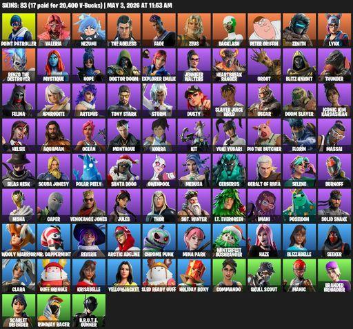 [PC/XBOX] | 83 skins | Point Patroller | Valeria | Nezumi | The Ageless | Fade | Zeus | Backlash | Peter Griffin | Zenith | Lynx | Renzo the Destroyer | Full Access