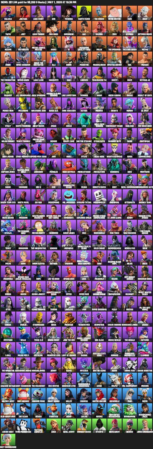 [PC/PSN/XBOX] | 281 skins | 1350 V-bucks | Lara Croft | Galaxia | Joltara | Kor | Phaedra | Darth Vader | The Origin | Peter Griffin | Fade | Snap | Full Access