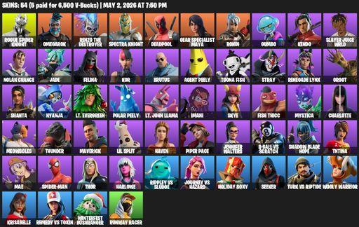 [PC/PSN/XBOX] | 54 skins | 500 V-bucks | Rogue Spider Knight | Omegarok | Renzo the Destroyer | Spectra Knight | Deadpool | Gear Specialist Maya | Full Access