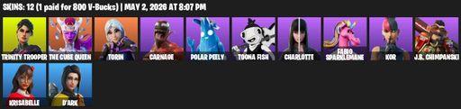 [PC/PSN/XBOX] | 12 skins | 1350 V-bucks | Trinity Trooper | The Cube Queen | Torin | Carnage | Polar Peely | Toona Fish | Charlotte | Full Access