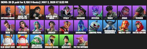 [PC/XBOX] | 26 skins | 750 V-bucks | Optimus Prime | Renzo the Destroyer | Era | Slayer Juice WRLD | Stray | Highwire | Mystica | Trace | Imani | Full Access