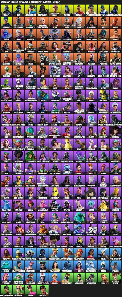 [PC/PSN/XBOX] | 234 skins | 2200 V-bucks | OG STW | Lara Croft | Trilogy | Fixer | Cloud Striker | Darth Vader | Rose Team Leader | Sultura | Prodigy | Full Access