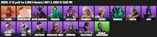 [PC/PSN] | 17 skins | Valeria | Peter Griffin | Super Shredder | Poseidon | Lana Llane | Aphrodite | Jackie | Cerberus | Oscar | Hope | Nisha | Katt | Full Access